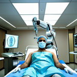 **Prompt:** A modern hospital operating room in the Middle East. A surgeon, aided by a sleek, futuristic surgical robot, performs a complex surgery. Focus on the precision of the robot and the collaboration between human and AI. Emphasize advanced medical technology and patient safety.