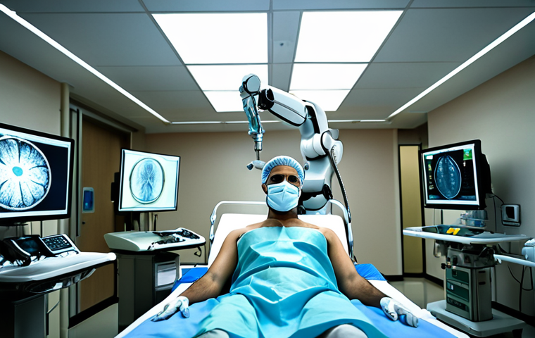 **Prompt:** A modern hospital operating room in the Middle East. A surgeon, aided by a sleek, futuristic surgical robot, performs a complex surgery. Focus on the precision of the robot and the collaboration between human and AI. Emphasize advanced medical technology and patient safety.