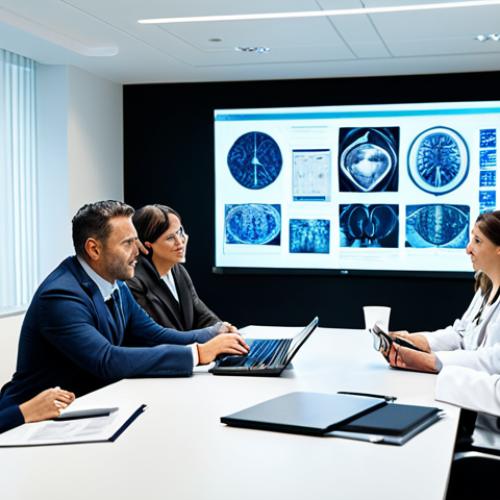 Home 6 **
"A diverse team of medical professionals collaborating around a table in a modern, brightly lit conference room. They are reviewing medical images displayed on a large screen. Everyone is fully clothed in professional attire, engaged in discussion. The scene emphasizes data standardization and international collaboration. Safe for work, appropriate content, professional, well-lit, perfect anatomy, natural proportions."
**