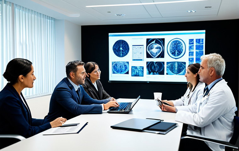 **
"A diverse team of medical professionals collaborating around a table in a modern, brightly lit conference room. They are reviewing medical images displayed on a large screen. Everyone is fully clothed in professional attire, engaged in discussion. The scene emphasizes data standardization and international collaboration. Safe for work, appropriate content, professional, well-lit, perfect anatomy, natural proportions."
**