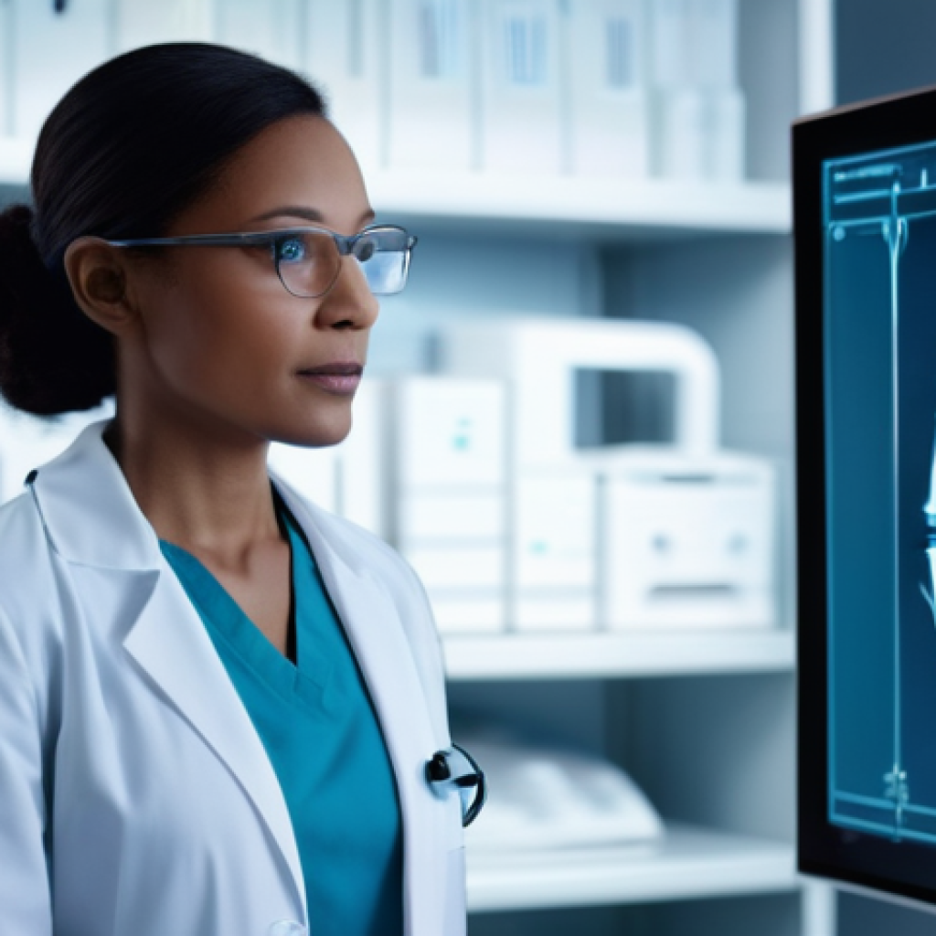 AI 의료 영상 분석의 성과 측정 지표 - **Prompt:** A highly detailed and realistic image of a female radiologist, approximately 40 years ol...