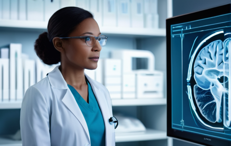 AI 의료 영상 분석의 성과 측정 지표 - **Prompt:** A highly detailed and realistic image of a female radiologist, approximately 40 years ol...