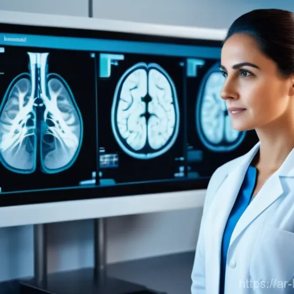 AI 기반 의료 영상 분석의 비용 효율성 - "A highly detailed, realistic image of a female Arab radiologist, mid-30s, wearing professional medi...