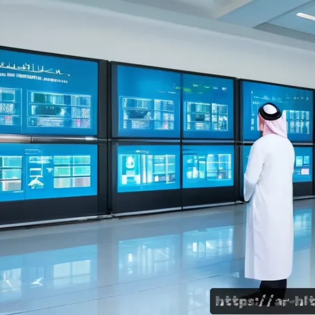 의료 영상 AI 분석에서의 인공지능 윤리 - A modern Middle Eastern hospital data center interior, featuring advanced multilayer encryption tech...