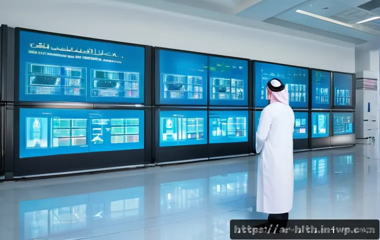 의료 영상 AI 분석에서의 인공지능 윤리 - A modern Middle Eastern hospital data center interior, featuring advanced multilayer encryption tech...