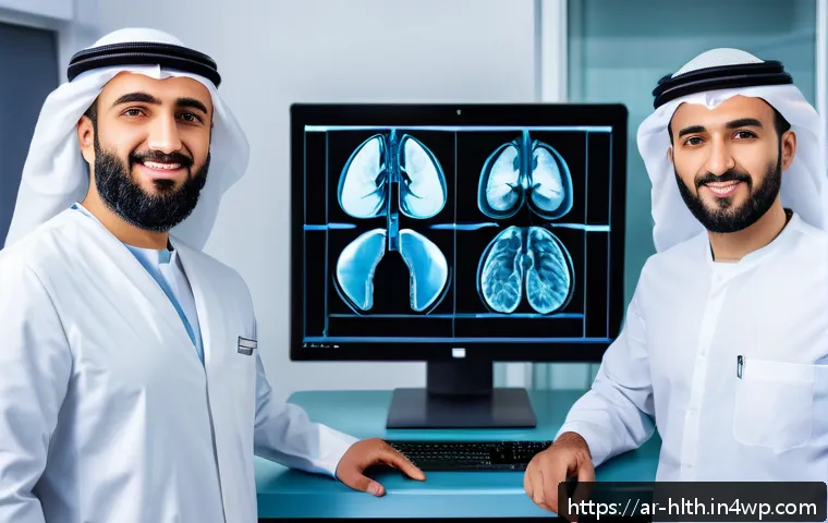 의료 영상 AI 분석의 윤리적 문제 - A modern medical imaging lab in a Middle Eastern hospital, featuring diverse Arab healthcare profess...