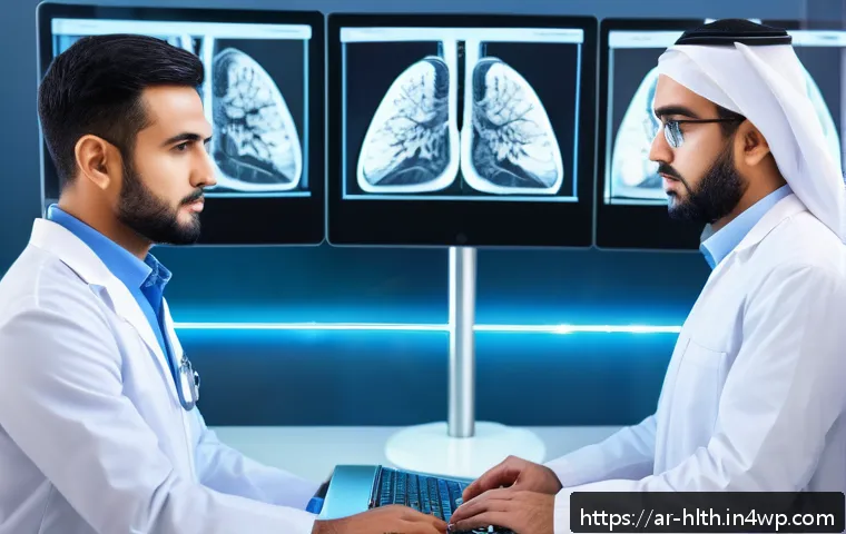 AI와 머신러닝의 차이점 의료 영상 분석에 대한 관점 - A modern medical laboratory scene featuring an Arabic male radiologist in professional attire, analy...