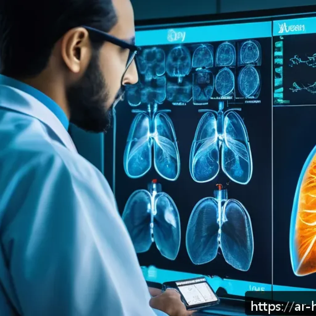 AI와 의료 영상 분석의 통합 접근법 - A highly detailed digital illustration of an advanced artificial intelligence system analyzing medic...