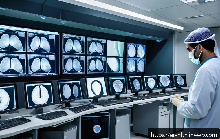 CT 영상 해석을 위한 AI 시스템 - A modern hospital radiology room in a Middle Eastern setting with advanced AI diagnostic systems pro...
