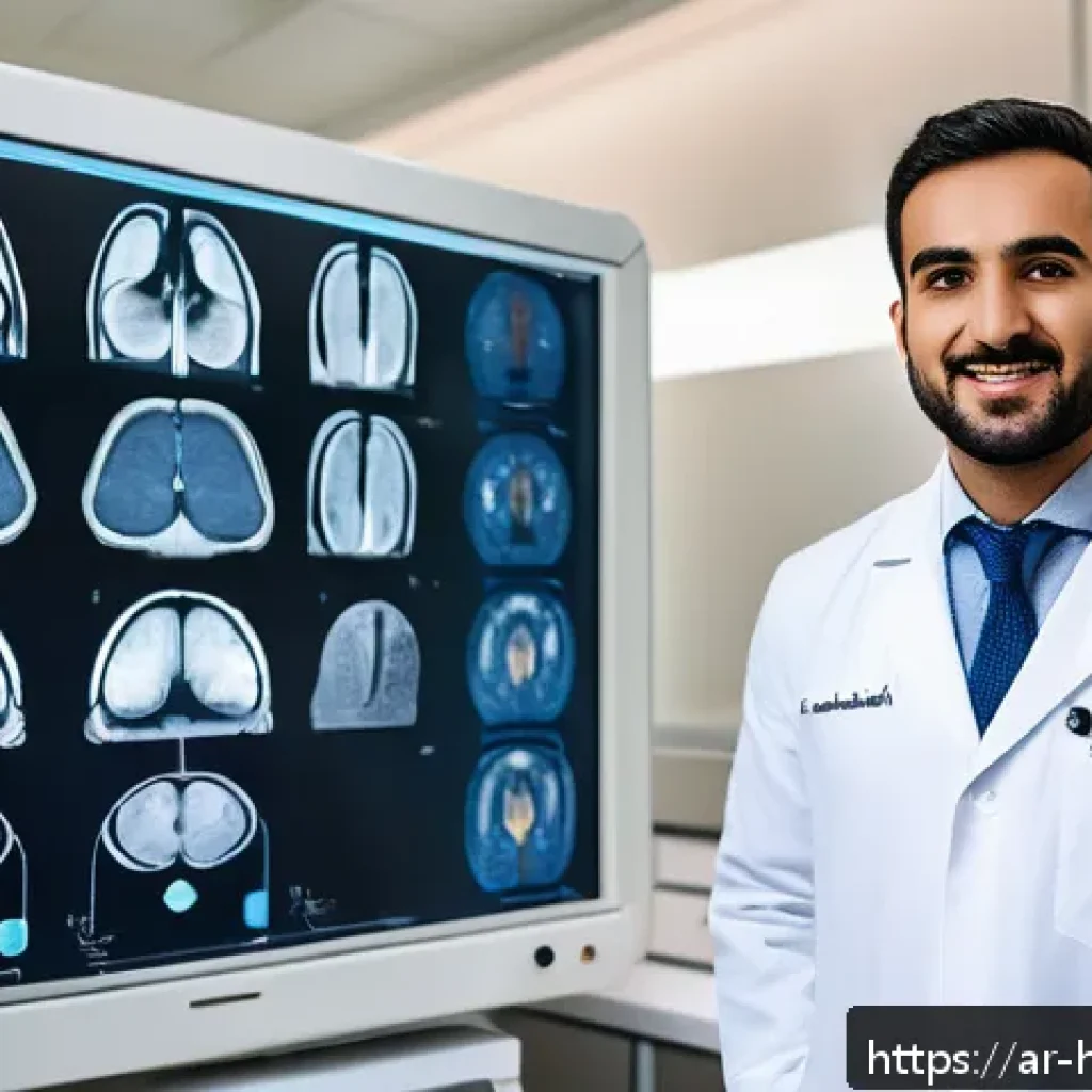 의료 영상 AI 분석과 환자 결과 개선 - A modern hospital radiology room in a Middle Eastern setting, showcasing a diverse Arab male doctor ...