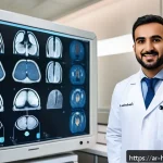 Home 23 의료 영상 AI 분석과 환자 결과 개선 - A modern hospital radiology room in a Middle Eastern setting, showcasing a diverse Arab male doctor ...