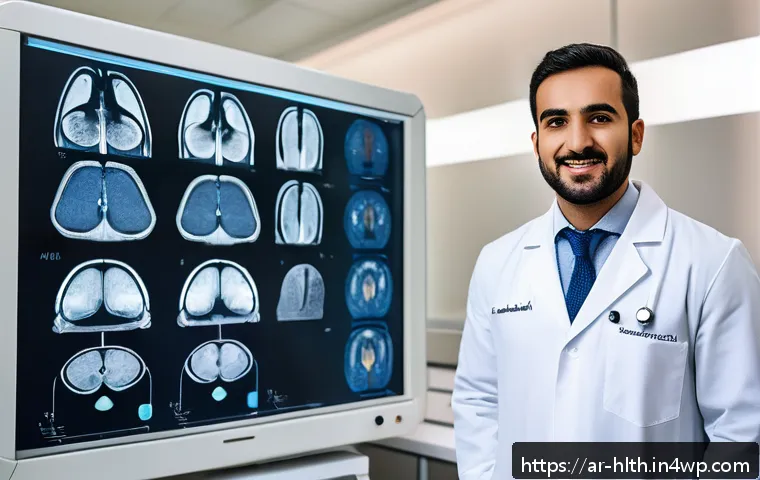 의료 영상 AI 분석과 환자 결과 개선 - A modern hospital radiology room in a Middle Eastern setting, showcasing a diverse Arab male doctor ...