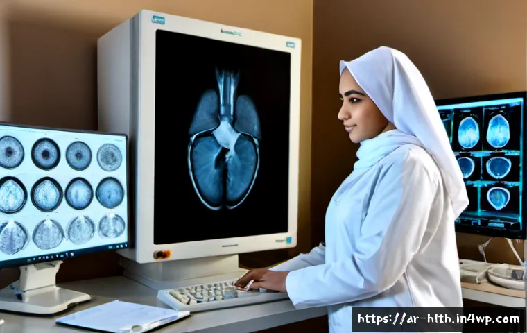 Home 17 AI가 변혁하는 의료 영상 진단 - Photorealistic modern radiology department in a Gulf-region hospital, Arab female radiologist wearin...