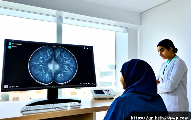 Home 17 AI 기반 영상 분석의 의료 업계 도입 사례 - Photorealistic modern hospital radiology suite in an Arab Gulf city, a Middle Eastern female radiolo...