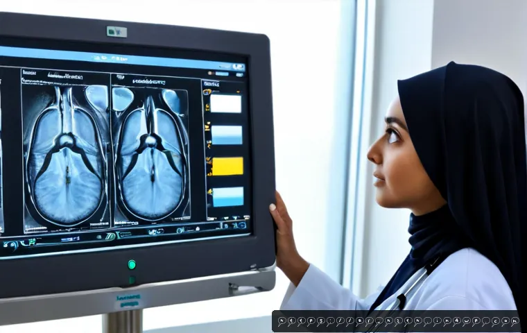 Home 17 의료 영상 AI 분석의 장점과 단점 - Photorealistic modern radiology department in a Gulf Arab hospital, Arab female radiologist wearing ...